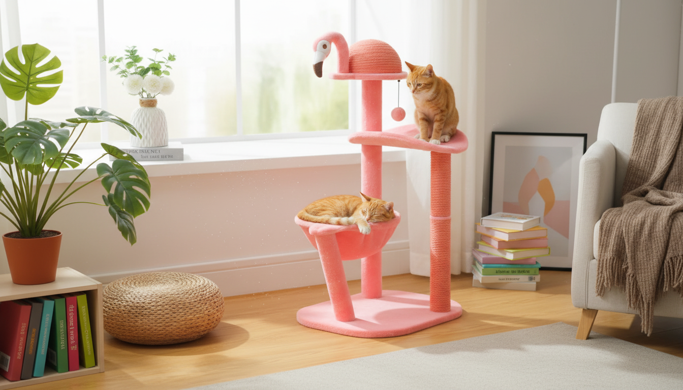 Flamingo Pink Cat Tower: Sisal Scratch & Hammock Naps
